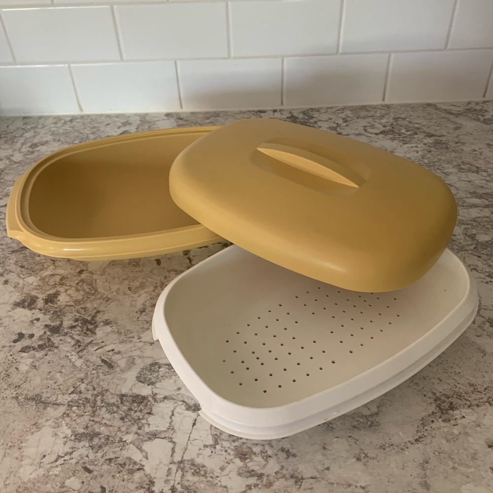 Vintage Tupperware Steamer Harvest Gold White Food Storage Container Rice Veggie